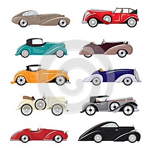 Art deco car vector retro luxury auto transport and art-deco modern automobile illustration set of old automotive