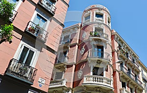 Art deco curved facades of authentic Madrid architecture of 18-19 century in Chueca district downtown, Spain photo