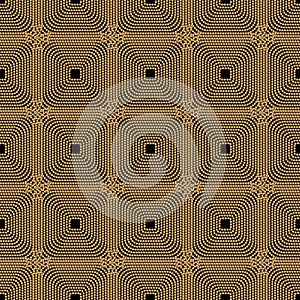 Art deco design. Abstract geometric seamless pattern with golden squared ornament on black background. Vintage decorative texture.