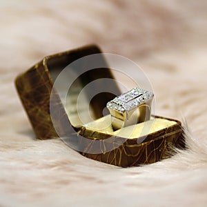 Art deco diamond ring in antique box on rose fur