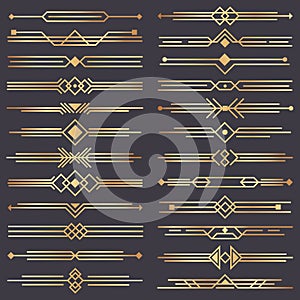 Art deco divider. Gold retro arts border, 1920s decorative ornaments and golden dividers borders vector design set photo