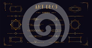 Art deco divider header set. Gold retro artdeco border decorative ornaments, minimal elegant golden frames