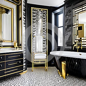 Art Deco Extravaganza: A glamorous bathroom with black and gold accents, geometric tiles, and a freestanding clawfoot bathtub2,