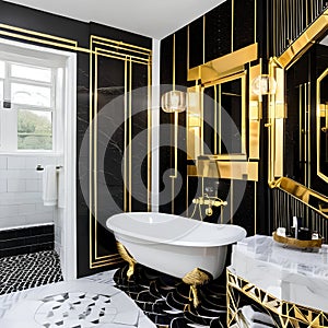 Art Deco Extravaganza: A glamorous bathroom with black and gold accents, geometric tiles, and a freestanding clawfoot bathtub3,