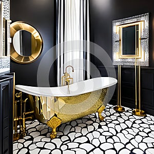 Art Deco Extravaganza: A glamorous bathroom with black and gold accents, geometric tiles, and a freestanding clawfoot bathtub4,