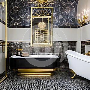 Art Deco Extravaganza: A glamorous bathroom with black and gold accents, geometric tiles, and a freestanding clawfoot bathtub5,