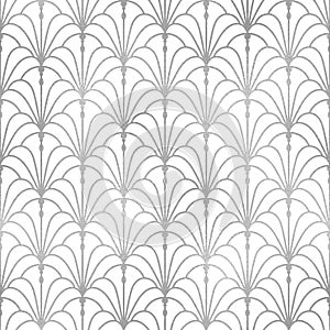 Art deco fan. Silver geometric seamless pattern. Arc deco graphics trellis. Stylish flower repeat background. Nouveau gatsby desig