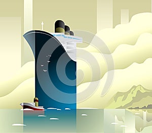 Art deco ferry ship and boat vector illustration.