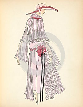 Art Deco Flapper Fashion Plate Illustration Lady with Hat and Dress photo