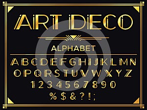 Art deco font. Golden 1920s decorative letters, vintage fashion typography and old gold alphabet vector set