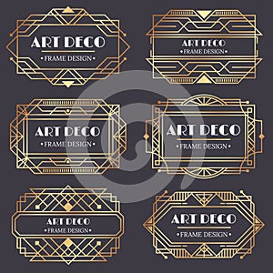 Art deco frame. Antique golden label, luxury gold business card letter title and vintage ornaments frames design vector