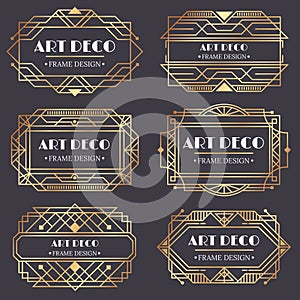 Art deco frame. Antique golden label, luxury gold business card letter title and vintage ornaments frames design vector elements