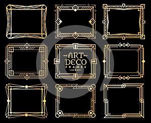 Art deco frames. Gold gatsby deco frame border, golden romantic invitation line pattern. 1920s retro luxury art design