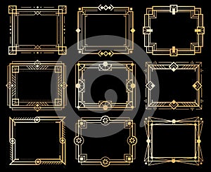 Art deco frames. Gold deco image frame borders, golden geometry line patterns. 1920s vintage luxury art elements. Vector photo