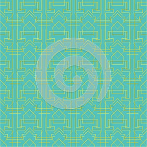 Art deco geometric pattern yellow green lines blue background