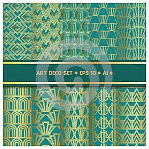 Art deco geometric seamless vector pattern set.Gold and green