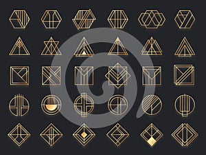 Art deco geometric shapes. Golden geometrical art shape, gold circle symbol and abstract triangle. Creative lines square