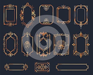 Art deco gold frames, luxury golden cartoon frame vintage elegant wedding ornate borders collection vector illustration