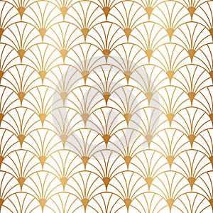 Art deco gold seamless pattern. Repeated golden fan patern. Abstract nouveau background prints design. Repeating geometric lattice
