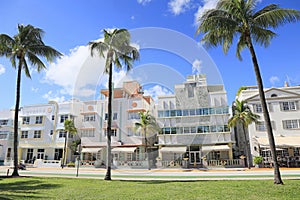 Art deco hotels and palm trees on Ocean Drive in Miami Beach