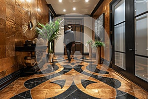 Art Deco-inspired entryway with bold geometric patterns and metallic finishes