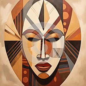Art Deco Inspired Ugandan Wooden Mask On Linen Painting photo