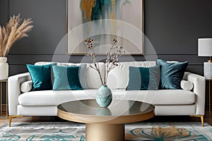 Art deco interior design of modern living room, home. Golden round coffee table near white sofa with teal pillows against wall
