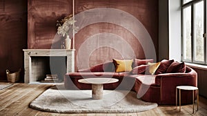 Art deco interior design of modern living room with a plush, deep red velvet sofa adorned with yellow pillows. A round coffee