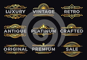 Art deco label. Retro luxury geometric ornaments, vintage ornament frame and hipster decorative lines labels vector