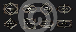 Art deco labels. Retro geometric shapes with elegant arabic lettering, vintage minimal emblem for luxury premium stamp