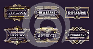 Art deco labels. Vintage ornamental logos, 1920s vintage golden badge, nouveau decorative banners. Vector art deco