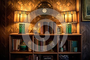 art deco lamps illuminating a vintage bookshelf