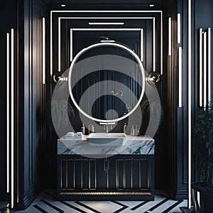 Art Deco Modern Bath room Big Mirror With Lights Luxury Hotel Spa Feeling Generative Ai