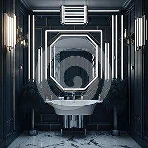 Art Deco Modern Bath room Big Mirror With Lights Luxury Hotel Spa Feeling Generative Ai