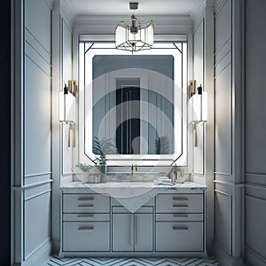Art Deco Modern Bath room Big Mirror With Lights Luxury Hotel Spa Feeling Generative Ai
