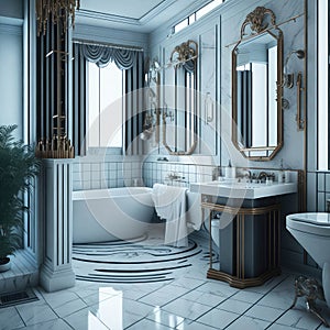 Art Deco Modern Bath room Big Mirror With Lights Luxury Hotel Spa Feeling Generative Ai