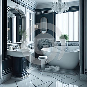 Art Deco Modern Bath room Big Mirror With Lights Luxury Hotel Spa Feeling Generative Ai