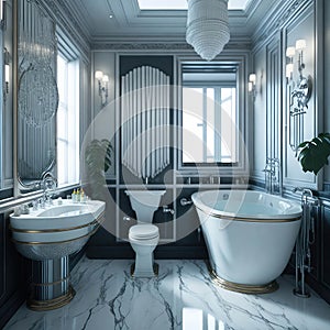 Art Deco Modern Bath room Big Mirror With Lights Luxury Hotel Spa Feeling Generative Ai