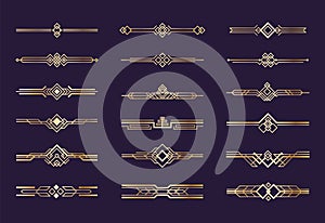 Art deco ornament. 1920s vintage gold borders and dividers, retro header graphic elements, nouveau vector geometric photo