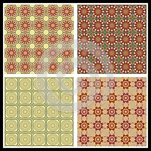Art deco ornament, set of 4 tiles in subtle shades of beige, brick red and olive green. Tiny geometric pattern, vintage