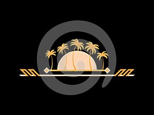 Art deco palm trees in line art style in gold color. Tropical palm trees against the background of the sun with space for text.