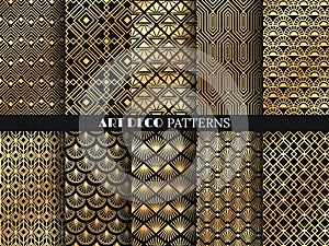 Art deco pattern. Golden minimalism lines, vintage geometric arts and deco line ornate seamless patterns vector set