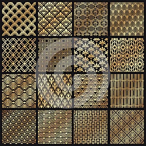 Art deco patterns. Decorative golden lines, angular line frame and 1920 arts gold pattern vector set photo