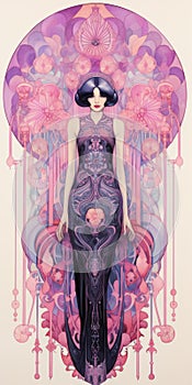 Art Deco Pink Dress Girl With Flower Illustration