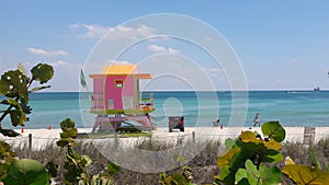 Art deco pink lifeguard tower on South Beach, Miami, Florida