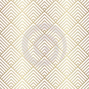 Art deco seamless pattern. Repeating line patern. Abstract diamond lattice. Gold triangle background. Repeating geometric rhomb