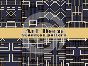 Art deco seamless pattern. Set retro backgrounds, gold and black color. Style 1920`s, 1930`s