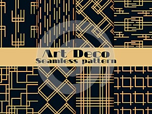 Art deco seamless pattern. Set retro backgrounds, gold and black color. Style 1920`s, 1930`s. Lines and geometric shapes