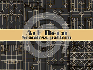 Art deco seamless pattern. Set retro backgrounds, gold and black color. Style 1920`s, 1930`s. Lines and geometric shapes. Vector