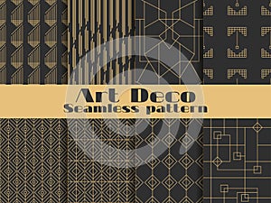 Art deco seamless pattern. Set retro backgrounds, gold and black color. Style 1920`s, 1930`s. Lines and geometric shapes. Vector